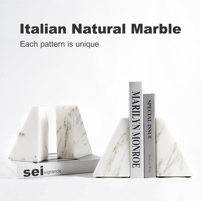 karibiber Marble Book Ends White, Heavy Duty Book Ends for Shelves, Decorative Natural Book Stopper，Unique Decorative Bookend for Home Shelves Calacatta Natural Marble Bookend, Set of 2 - Image 3